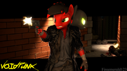 Size: 3840x2160 | Tagged: safe, artist:fireemerald123, oc, oc:page feather, oc:voice, anthro, 3d, blood, bloodletter, bloodletters (gang), brick wall, clothes, dead, gun, handgun, high res, jacket, leather jacket, muzzle flash, revolver, rifle, void entity, voidpunk, weapon