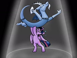 Size: 2048x1536 | Tagged: safe, artist:deidadsuperior, discord, twilight sparkle, alicorn, draconequus, pony, g4, three's a crowd, bipedal, blue flu, duo, female, glass of water, graceful, holding up, male, scene interpretation, spotlight, sweat, twilight sparkle (alicorn)