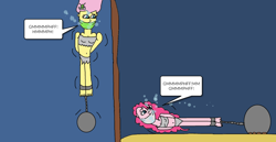 Size: 1024x527 | Tagged: safe, artist:mattjohn1992, fluttershy, pinkie pie, human, equestria girls, g4, asphyxiation, ball and chain, breasts, cloth gag, cute, drowning, gag, help us, scared, shyabetes, tied up, underwater, worried