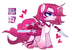 Size: 1280x889 | Tagged: safe, artist:mirrastat, pinkie pie, princess cadance, oc, alicorn, earth pony, pony, unicorn, g4, base used, dagger, eyelashes, female, frown, magical lesbian spawn, makeup, male, mare, offspring, parent:pinkie pie, parent:princess cadance, parents:cadancepie, pinkamena diane pie, saddle basket, simple background, stallion, transparent background, unshorn fetlocks, weapon