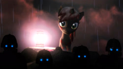 Size: 1920x1080 | Tagged: safe, oc, oc:blushyblack, human, hybrid, unicorn, zony, 3d, blurry background, gmod, lantern, looking at you, photoshop, rain, sitting, sky, soldiers, wet, wet mane