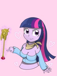 Size: 2165x2886 | Tagged: safe, artist:twiliset, twilight sparkle, alicorn, human, equestria girls, g4, breasts, clothes, confident, heart, high res, looking at you, magic, nudity, pink background, scarf, scepter, simple background, smiling, smiling at you, solo, twilight scepter, twilight sparkle (alicorn)