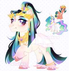 Size: 2139x2205 | Tagged: safe, artist:whohwo, princess celestia, somnambula, alicorn, pony, g4, base used, clothes, dress, eyelashes, female, fusion, high res, makeup, male, mare, peytral, simple background, smiling, stallion, unshorn fetlocks, white background