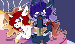 Size: 1159x690 | Tagged: safe, artist:dilfistic, oc, oc only, alicorn, pony, alicorn oc, book, duo, female, horn, indoors, mare, reading, smiling, wings