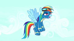Size: 1280x720 | Tagged: safe, edit, edited screencap, editor:anonymous, screencap, rainbow dash, pegasus, pony, yakity-sax, /mlp/ latex requests, clothes, female, goggles, latex, latex suit, mare, open mouth, requested art, solo, spread wings, sweat, sweatdrops, uniform, wings, wonderbolts uniform
