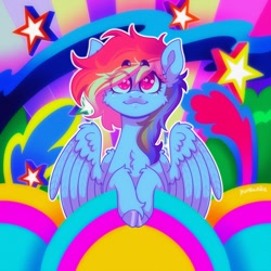 Size: 1750x1750 | Tagged: safe, artist:yumkandie, rainbow dash, pegasus, pony, g4, chest fluff, psychedelic, solo, stars, wingding eyes, wings