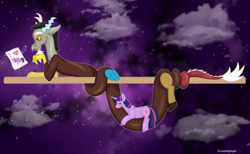 Size: 4965x3067 | Tagged: safe, artist:fcrestnymph, discord, twilight sparkle, draconequus, pony, unicorn, g4, blushing, cloud, crayon, cuddling, drawing, duo, duo male and female, eyes closed, female, heart, high res, long tail, magic, male, night, paper, ship:discolight, shipping, signature, sleeping, smiling, straight, tail, telekinesis, unicorn twilight