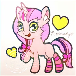 Size: 1280x1280 | Tagged: safe, artist:rainbowwing, oc, oc only, oc:lil' seven, pony, unicorn, bow, clothes, ear fluff, female, filly, foal, hair bow, horn, offspring, open mouth, raised hoof, simple background, socks, solo, striped socks, tail, tail bow, traditional art, unicorn oc, white background