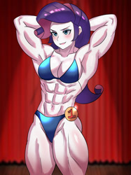 Size: 800x1067 | Tagged: safe, artist:tzc, rarity, human, equestria girls, g4, abs, arm behind head, belly button, biceps, bikini, blue bikini, blue swimsuit, blushing, bodybuilder, bodybuilding contest, breasts, busty rarity, clothes, commission, female, flexing, muscles, muscular female, ripped rarity, solo, swimsuit, thighs, thunder thighs, triceps
