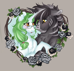 Size: 2900x2800 | Tagged: safe, artist:roselord, oc, pony, unicorn, commission, couple, duo, finished commission, flower, glasses, high res, looking at each other, looking at someone, love, ych result