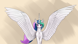 Size: 3840x2160 | Tagged: safe, artist:tenebrisnoctus, princess celestia, alicorn, pony, g4, female, high res, large wings, looking at you, mare, muscles, realistic anatomy, solo, spread wings, sternocleidomastoid, wings