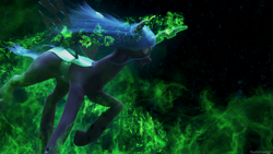 Size: 3840x2160 | Tagged: source needed, safe, artist:radiomann01, queen chrysalis, changeling, changeling queen, canterlot wedding 10th anniversary, g4, 3d, abstract background, angry, blender, blender cycles, fangs, female, glowing, glowing horn, high res, horn, magic, mane, open mouth, render, running, scowl, sharp teeth, solo, teeth