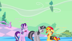 Size: 1920x1080 | Tagged: safe, artist:tardifice, artist:wardex101, starlight glimmer, sunset shimmer, twilight sparkle, alicorn, pony, unicorn, g4, bad end, chaos, discorded, discorded landscape, discorded twilight, floating island, green sky, sad, scenery, story included, text, twilight sparkle (alicorn), twilight tragedy