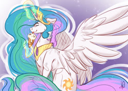 Size: 400x283 | Tagged: safe, artist:rumi-rs, princess celestia, alicorn, pony, g4, eyes closed, female, food, glowing, glowing horn, horn, ice cream, licking, magic, mare, sitting, smiling, solo, spread wings, telekinesis, tongue out, wings
