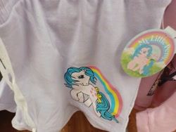 Size: 4000x3000 | Tagged: safe, tootsie, earth pony, pony, g1, blue hair, blue mane, bow, clothes, hair bow, irl, looking at you, merchandise, my little pony logo, pants, photo, ponytail, solo, walmart