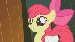 Size: 1280x720 | Tagged: safe, screencap, apple bloom, earth pony, pony, bridle gossip, g4, my little pony: friendship is magic, season 1, adorabloom, apple bloom's bow, bow, cute, dilated pupils, female, filly, foal, grin, hair bow, happy, smiling, solo