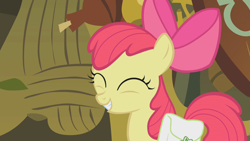 Size: 1280x720 | Tagged: safe, screencap, apple bloom, earth pony, pony, bridle gossip, g4, season 1, ^^, adorabloom, apple bloom's bow, bag, bow, cute, eyes closed, female, filly, foal, grin, hair bow, happy, saddle bag, smiling, solo, zecora's hut