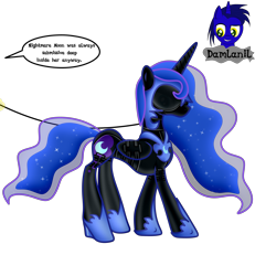 Size: 3840x4154 | Tagged: safe, alternate version, artist:damlanil, nightmare moon, princess luna, alicorn, pony, g4, bdsm, blindfold, bodysuit, bondage, bondage mask, boots, bound wings, catsuit, clothes, collar, comic, commission, corset, crown, ethereal mane, female, gag, galaxy mane, gimp suit, high heels, hood, hoof shoes, horn, horn ring, implied princess celestia, jewelry, latex, latex boots, latex suit, leash, mare, muzzle gag, necklace, regalia, ring, rubber, shiny, shiny mane, shoes, show accurate, simple background, solo, speech bubble, suit, text, transparent background, vector, wings