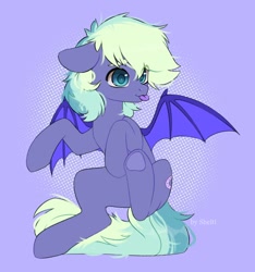 Size: 1402x1498 | Tagged: safe, artist:shelti, oc, oc only, oc:murphy, bat pony, pony, :p, bat wings, colored pupils, commission, male, purple background, raspberry, simple background, smiling, solo, spread wings, stallion, tongue out, underhoof, wings