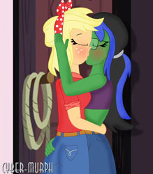 Size: 1340x1532 | Tagged: safe, artist:cyber-murph, applejack, oc, oc:lightning voice, human, equestria girls, five to nine, g4, my little pony equestria girls: better together, ass, barn, blushing, breasts, butt, butt grab, butt touch, canon x oc, clothes, female, freckles, glasses, grope, hand on butt, jeans, kiss on the lips, kissing, lesbian, making out, midriff, pants, ponytail, shipping, tube top