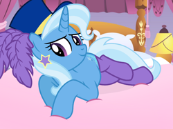 Size: 1442x1080 | Tagged: safe, artist:grapefruit-face, trixie, pony, unicorn, base used, bed, bedroom eyes, clothes, gameloft interpretation, hat, lidded eyes, looking at you, seductive pose, socks, solo, sultry pose