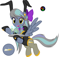 Size: 3608x3485 | Tagged: safe, artist:kyoshyu, oc, oc only, oc:comet lightstream, pegasus, pony, bunny ears, clothes, female, fishnet stockings, flying, glass, high res, implied wing hole, leotard, mare, open mouth, open smile, pegasus oc, platter, simple background, smiling, solo, spread wings, tail, tail hole, transparent background, wings