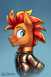 Size: 2000x3000 | Tagged: safe, artist:jedayskayvoker, oc, oc:fireheart(fire), hybrid, pony, bust, clothes, collar, ear fluff, eyebrows, fangs, fireheart76's latex suit design, high res, icon, latex, latex suit, male, patreon, patreon reward, portrait, prisoners of the moon, shiny, solo, stallion