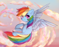 Size: 2500x2000 | Tagged: safe, artist:shelti, rainbow dash, pegasus, pony, g4, cloud, colored pupils, eye clipping through hair, female, flying, high res, looking at you, mare, missing cutie mark, sky, sky background, smiling, smiling at you, solo, spread wings, wings