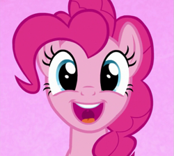 Size: 605x545 | Tagged: safe, screencap, pinkie pie, earth pony, pony, all bottled up, g4, season 7, best friends until the end of time, cropped, cute, diapinkes, female, happy, looking at you, mare, open mouth, open smile, pink background, simple background, smiling, solo