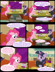 Size: 1042x1358 | Tagged: safe, artist:dendoctor, mean twilight sparkle, pinkie pie, alicorn, earth pony, pony, comic:clone.., g4, alternate universe, bandage, clone, clothes, comic, crying, diner, female, food, fork, implied applejack, pancakes, pepper, pinkie clone, plate, salt, taffy, twilight sparkle (alicorn)