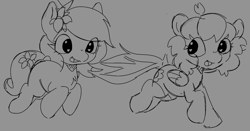Size: 1558x814 | Tagged: safe, artist:mushy, oc, oc only, oc:kayla, oc:pea, earth pony, pegasus, pony, clothes, duo, female, filly, foal, monochrome, running, sketch, socks, wholesome