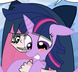 Size: 697x645 | Tagged: safe, artist:tiarawhy, edit, editor:pagiepoppie12345, twilight sparkle, angel, pony, unicorn, g4, anarchy stocking, anime, anime style, blushing, bow, cropped, cropped porn, explicit source, female, floppy ears, goth, gothic, hair bow, holding a pony, implied angel on pony action, implied interspecies, implied lesbian, implied shipping, looking down, mare, panty and stocking with garterbelt, smiling, stockinglight, unicorn twilight