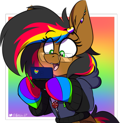 Size: 899x907 | Tagged: safe, artist:notetaker, oc, oc only, oc:notetaker, earth pony, semi-anthro, arm hooves, clothes, colorful, fishnet stockings, glasses, jacket, jewelry, necklace, nintendo ds, nonbinary, nonbinary pride flag, pentagram, piercing, pins, pride, pride flag, simple background, socks, solo, sticker, stylus