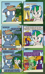 Size: 1920x3168 | Tagged: safe, artist:alexdti, oc, oc only, oc:brainstorm (alexdti), oc:purple creativity, oc:screwpine caprice, oc:star logic, oc:vee, pegasus, pony, unicorn, comic:quest for friendship, :o, angry, comic, cross-popping veins, dialogue, exclamation point, female, floppy ears, folded wings, frown, glasses, grin, high res, horn, lidded eyes, male, mare, narrowed eyes, nervous, nervous smile, one ear down, open mouth, open smile, outdoors, pegasus oc, raised eyebrow, raised hoof, shrunken pupils, smiling, speech bubble, stallion, two toned mane, underhoof, unicorn oc, wings