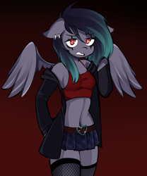 Size: 1638x1965 | Tagged: safe, artist:lucystormdrop, derpibooru exclusive, oc, oc only, pegasus, anthro, arm hooves, bare shoulders, clothes, dyed mane, ear piercing, female, fishnet stockings, floppy ears, goth, gradient background, midriff, piercing, red eyes, skirt, socks, solo, tank top, thigh highs