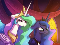 Size: 1024x768 | Tagged: safe, artist:golden bloom, princess celestia, princess luna, alicorn, pony, a royal problem, g4, season 7, bags under eyes, duo, duo female, female, floppy ears, frown, mare, nose wrinkle, scene interpretation, screenshot redraw, this will end in a trip to the moon, unamused