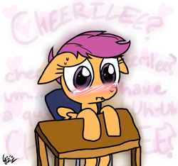 Size: 800x750 | Tagged: safe, artist:fkandfriends, scootaloo, pegasus, pony, love me cheerilee, g4, blushing, chair, crying, female, filly, floppy ears, foal, heart, heart background, implied cheerilee, implied cheeriloo, mare, nervous, table, text, wings
