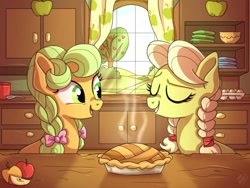 Size: 1024x768 | Tagged: safe, artist:golden bloom, goldie delicious, granny smith, earth pony, pony, g4, apple, braid, cottagecore, duo, duo female, female, food, kitchen, mare, pie, window, young goldie delicious, young granny smith, younger