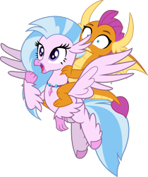 Size: 2945x3501 | Tagged: safe, artist:frownfactory, part of a set, silverstream, smolder, dragon, hippogriff, g4, dragon knight series, dragoness, dragons riding hippogriffs, female, flying, high res, horns, jewelry, necklace, open mouth, part of a series, riding, simple background, smolder riding silverstream, transparent background, vector, wings