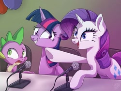 Size: 1024x768 | Tagged: safe, artist:golden bloom, rarity, spike, twilight sparkle, alicorn, dragon, pony, unicorn, g4, everfree northwest, everfree northwest 2012, female, look there's a moose, male, mare, microphone, trio, twilight sparkle (alicorn), voice actor joke