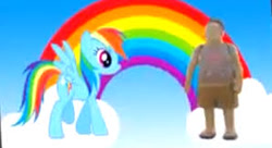 Size: 298x162 | Tagged: safe, artist:collegehumor, rainbow dash, human, pegasus, pony, g4, brony, brony stereotype, cloud, collegehumor, female, irl, male, mare, multicolored hair, my little x, on a cloud, parody, photo, photoshop, rainbow, rainbow hair, sky, standing on a cloud, toy, youtube link