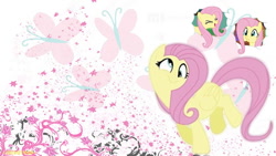 Size: 800x450 | Tagged: safe, artist:thebaffman, edit, fluttershy, butterfly, pegasus, pony, g4, cutie mark, cutie mark background, derp, eyes closed, female, mare, puffy cheeks, smiling, wallpaper, wallpaper edit, wings, yay