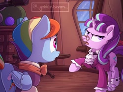 Size: 1024x768 | Tagged: safe, artist:golden bloom, rainbow dash, snowdash, snowfall frost, starlight glimmer, pegasus, pony, unicorn, a hearth's warming tail, g4, bowtie, butt, clothes, duo, duo female, female, folded wings, frock coat, hat, horn, indoors, jabot, looking at someone, mare, open mouth, plot, rainbow dash always dresses in style, rainbutt dash, scene interpretation, screenshot redraw, shirt, spats, top hat, waistcoat, wings
