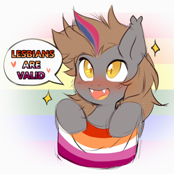 Size: 1880x1880 | Tagged: safe, artist:concerned citizen, oc, oc only, oc:devin, bat pony, g4, bisexual pride flag, bisexuality, blushing, cute, fangs, flag, gay pride, gay pride flag, gradient background, lesbian pride flag, pride, pride flag, revenge, signature, thegaybatpone, watermark