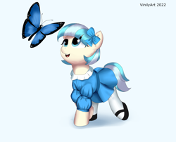 Size: 3184x2576 | Tagged: safe, artist:vinilyart, coco pommel, butterfly, earth pony, pony, g4, bow, clothes, dress, female, filly, foal, hair bow, high res, looking at something, morpho, shoes, solo