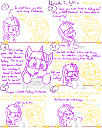 Size: 4779x6013 | Tagged: safe, artist:adorkabletwilightandfriends, fluttershy, twilight sparkle, alicorn, pegasus, pony, comic:adorkable twilight and friends, g4, adorkable, adorkable twilight, comic, computer, computer screen, confused, cup, cute, dating sim, dork, friendship, game, happy, humor, laptop computer, nervous, shyabetes, sitting, slice of life, smiling, stroking, table, twiabetes, twilight sparkle (alicorn)