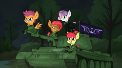 Size: 3840x2160 | Tagged: safe, artist:moonatik, apple bloom, babs seed, scootaloo, sweetie belle, earth pony, pegasus, pony, unicorn, new lunar millennium, g4, alternate hairstyle, alternate timeline, belt, boots, bow, bush, cannon, clothes, cloud, female, flag, hair bow, hair bun, high res, jacket, jumpsuit, leather jacket, lunar empire, mare, night, nightmare takeover timeline, older, older apple bloom, older babs seed, older scootaloo, older sweetie belle, shoes, short hair, short tail, small wings, swamp, t-44, tail, tank (vehicle), tree, wings