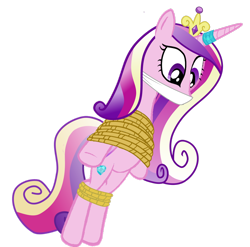 Size: 2466x2432 | Tagged: safe, artist:soupcanz, princess cadance, alicorn, pony, g4, bondage, bound and gagged, cloth gag, confused, damsel in distress, female, gag, high res, rope, rope bondage, simple background, solo, transparent background