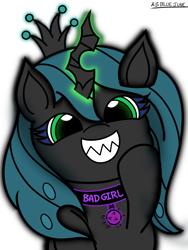 Size: 2304x3072 | Tagged: safe, artist:msbluejune, queen chrysalis, changeling, changeling queen, canterlot wedding 10th anniversary, g4, evil smile, female, grin, high res, sharp teeth, signature, simple background, smiling, solo, teeth, white background