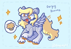 Size: 2383x1646 | Tagged: safe, artist:toaestt, derpy hooves, pegasus, pony, blue background, cross-eyed, digital art, eyelashes, fangs, female, food, muffin, open mouth, orange eyes, shiny hoof, simple background, solo, sparkles, sparkly eyes, speech bubble, spread wings, wings